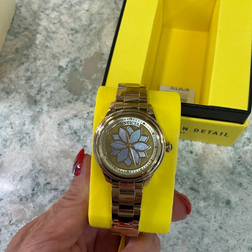 Invicta Watch Angel 37085 OS Gold Blue Floral Mother of Pearl Stainless Steel